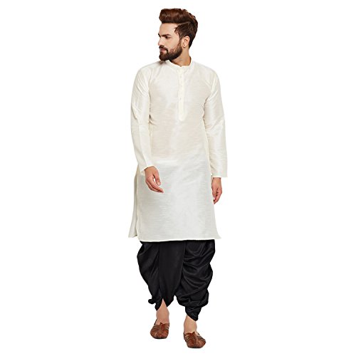 Image of SOJANYA (Since 1958 Men's Off-White and Gold Dupion Silk Dhoti Kurta Set
