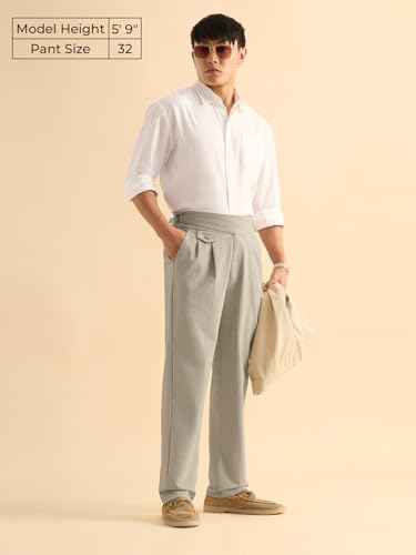 Image of The Souled Store: Gurkha Pants Men and Boys Solid Polyester Blend Straight Fit Adjustable Waistband 4-Way Stretch Wrinkle Resistant Pleated Front Trousers