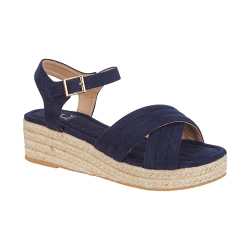 Womens Platform Espadrille Sandals Adjustable Buckle Strap Summer Jute Platform Sandals Comfortable Casual Walking Shoes (Navy Crossover, UK Footwear Size System, Adult, Women, Numeric, Medium, 6)