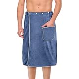 SÛR ET RÉGLABLE: Cette serviette de sauna pour hommes mesure environ 80 cm de long et 150 cm de large avec une taille élastique et une fermeture à bouton pour un ajustement réglable et confortable qui reste toujours en place et est facile à mettre et à enlever.