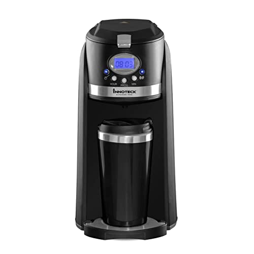 Innoteck Travel Filter Coffee Maker Grind and Brew 2 in 1 On-The-Go Automatic Coffee Machine with Stainless Steel Thermo Travel Mug, Black/Chrome, DS-5907