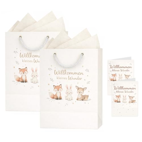 JOVYTH Sac Cadeau Naissance Bébé – 2 Sacs Cadeaux avec 2 Papiers de Soie et 2 Cartes, Cadeau Bébé Fille Garçon, Motif Renard Lapin Faon