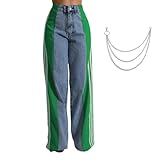 Jeans with Black Stripe Down Side,Jeans with Stripes on The Side Women,Statement Jeans with Chains for Jeans(Blue-Green,XXL)