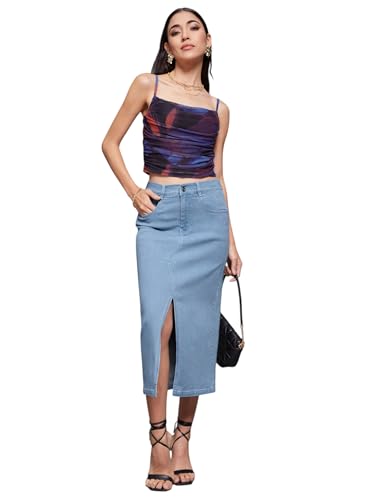 Image of Miss Chase Women's Straight-Fit High-Rise Stretchable Denim Midi Skirt