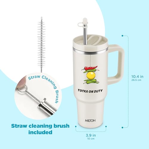 Image of MILTON Malmo 1200 Thermosteel Double Wall Vacuum Insulated Stainless Steel Tumbler with Handle 1100ml, Travel Mug with Straw,Silicon Cap,Cleaning Brush,Hot & Cold Beverage Flask,Totka Cream