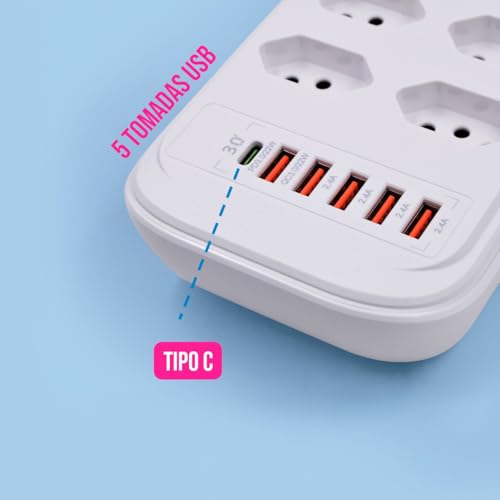 Extensão Elétrica com 8 Tomadas 10A e 1 Porta USB Quick Charger 3.0 22W, 4 Portas USB 2.4A e 1 Porta
