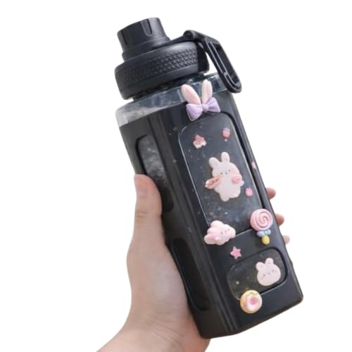Image of LHOTSE Cute Square Water Bottle for School with Straw & Leakproof Lid - Large Capacity Kawaii Bottle for Kids, Girls & Office Usen 700 ML (Black)