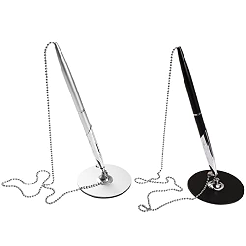 Nuobesty 2Pcs Desk Pen With Ball Chain Desktop Pen Counter Pens Security Gel Ink Pens For Bank Office Hotel Lobbies Retail Stores Anti- Pen With Base（Black Silver） #TOP28