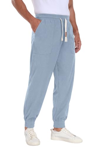 Askdeer Mens Corduroy Joggers Pants Casual Cargo Pants Drawstring Elastic Waist Baggy Tapered Sweatpants with 3 Pockets Light Blue3