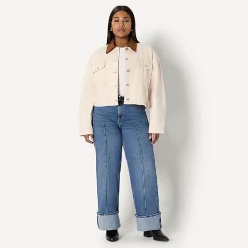Amazon Essentials Women's Oversized-Fit Cropped Heavyweight Denim Jacket with Contrast Corduroy Collar, Ecru, X-Large - image 7