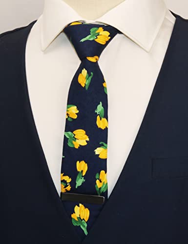 Image of Men's Skinny Tie Floral Cotton Necktie and Tie Bar Clip Sets, Great for Weddings,Groom,Groomsmen