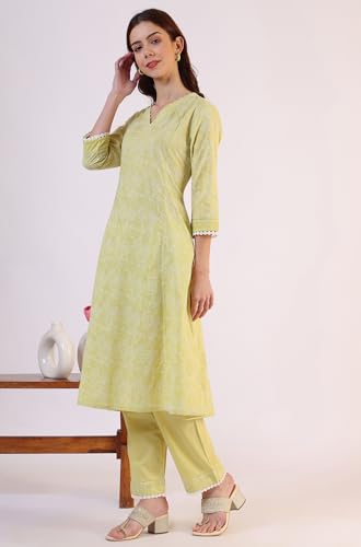 Image of W for Woman Embroidered Lace Cotton Blend Straight Kurta & Straight pant Set