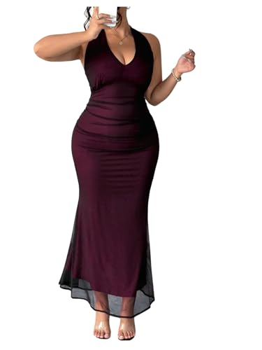 Women's Plus Size Ruffle Halter Dress V Neck Fishtail Bodycon Party Long Mesh Dresses