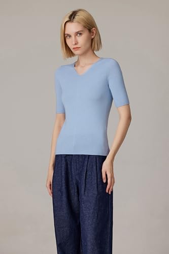 JENNIE LIU Women's Merino Wool Lurex Sweater | Shimmer V-Neck Short Sleeve Ultra Soft Machine Washable Pullover for Women2