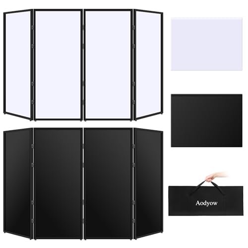 Aodyow DJ Facade Booth Portable Event Cover Screen-Foldable 4 Detachable Metal Frame Light Projector Display Scrim Panel Stand with Carry Bag for Show,Party,Gathering,DJ Stand(White and Black)