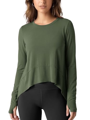 Image of ODODOS Soft Modal Long Sleeve Crop Top for Women with Thumb Hole Athletic Gym Workout Cropped Yoga Shirts