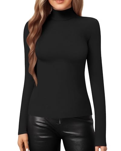 MANGOPOP Women's Mock Turtle Neck Slim Fit Long Sleeve T Shirt Tight Tops Tee Black