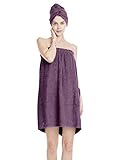 SIORO Women Towel Wrap Bamboo Cotton Body Shower Wraps with Closure Hair Bath Wrap Set, Fluffy Absorbent Spa Gym Pool Towel Robe Sets, Plum Small