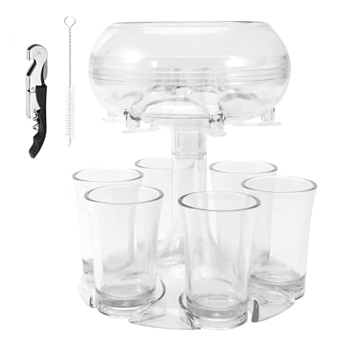 Dispensador de bebidas con 6 vasos de chupito de 45 ml, dispensador de bebidas para fiestas, vertedor de licor, para fiestas en bares de licores, con cepillo y abridor de botellas Transparent