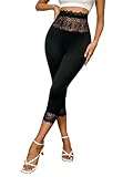Women's Black Lace Trim Leggings 3/4 Length Capri Stretchy High Waist Yoga Cropped Lightweight Tights Leggings (Medium)