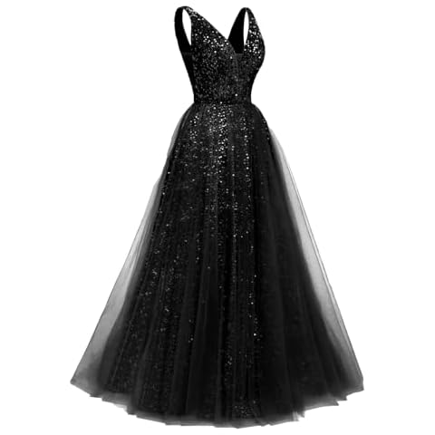 Prom Dresses Long A Line Black Sequin Tulle V Neck Prom Evening Formal Dresses,R177 Cover
