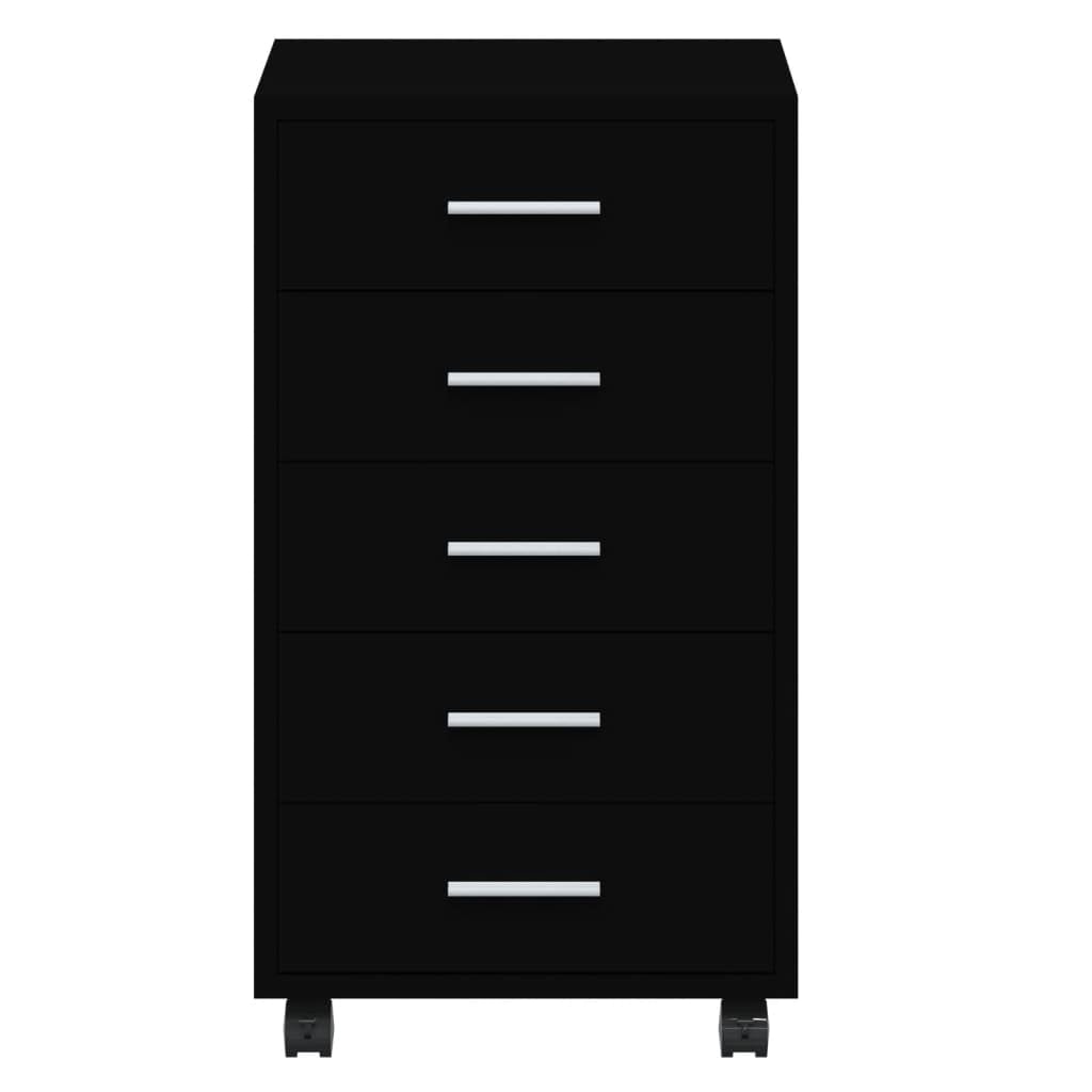 Cassettiera con ruote, in legno nero, 5 cassetti, per ufficio e casa, 33 x 38 x 63 cm