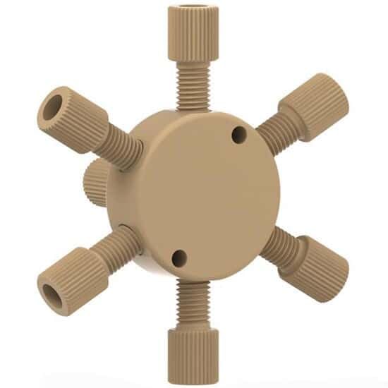 Idex Low-Pressure Manifold Assembly, Natural PEEK, 6 Port, 0.062 (in) Bore, 1/8 (in) OD Tubing, 1/4-28 Flat Bottom: 1/EA