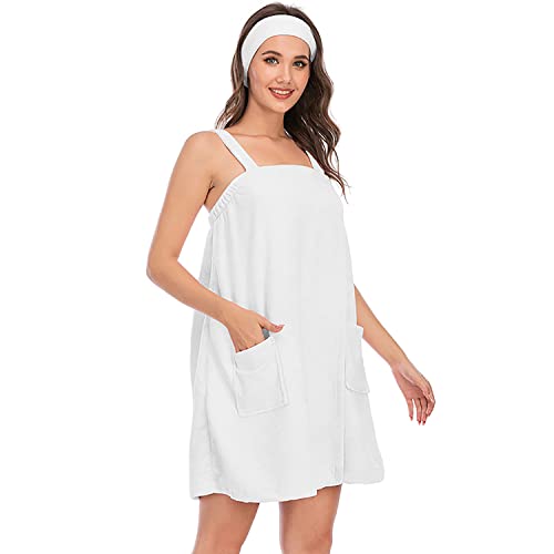 Verve Jelly Women's Towel Wrap for Spa Shower Adjustable Bath Towel Wrap with Headband Cotton Bath Skirt with Strap White XXL
