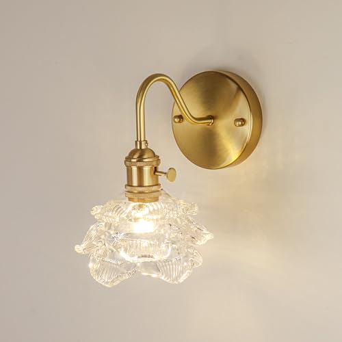LYTSNUGIC Vintage Floral Glass Wall Sconce with Switch, Antique Brass Wall Lights Bedroom, Gold Modern Flower Shade Small Single Wall lamp, Lighting Fixture Hard Wired (1, Transparent Rose)