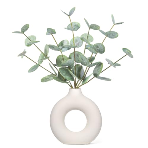 FIACO Artificial Eucalyptus Stems in Ceramic Vase, 14" Fake Plants for Home Decor, Coffee Table Centerpiece Bathroom Shelf Dining Table Farmhouse Faux Greenery Plants Indoor Decorations