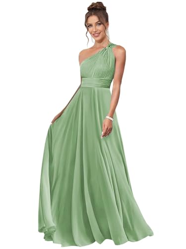 One Shoulder Bridesmaid Dresses for Wedding Chiffon A Line Pleated Long Formal Prom Dress with Pockets