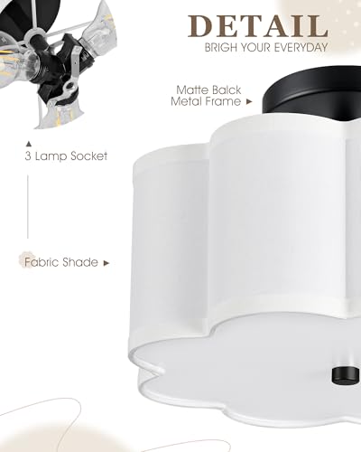 Image of Semi Flush Mount Ceiling Lights, 3-Light 13 inch Ceiling Light Fixtures with Fabric Shade in Flower Shape, Matte Black Drum Lighting for Nursery Hallway Bedroom Kitchen, AD-22007-3SF-BK