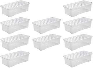 62 Litre JMS® Set of 10, Large Big Plastic Storage Clear Box with Clear Lid Strong Strong Container Made In U.K. - Home Office Stackable Nestable