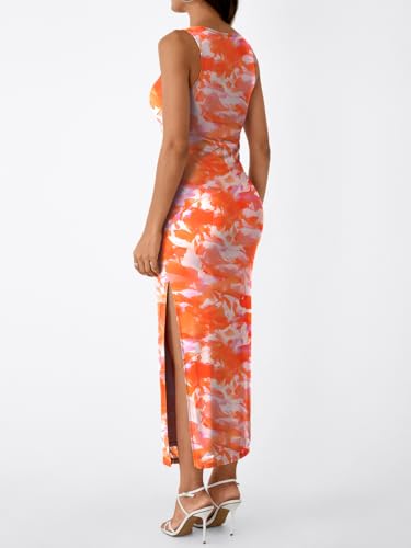 Image of Trendy Queen Bodycon Maxi Dress Womens Sleeveless Floral Print Fitted Party Club Ruched Dresses with Side Slit