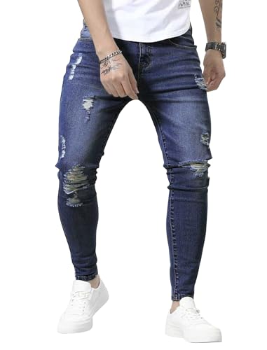 HUNGSON Skinny Jeans for Men Stretch Slim Fit Ripped Distressed(BBlue,40)