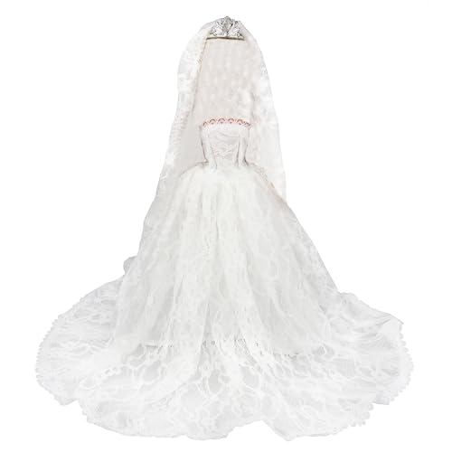 BARWA White Wedding Dress with Long Veil Evening Party Princess White Lace Gown Dress for 11.5 Inch Girl Doll