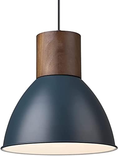 Farmhouse Battery Operated Pendant Light Fixture, Wood Ceiling Hanging Light Battery Powered Bulb with 11.6" Metal Shade, Adjustable Height, Nordic Style Pendant Lamp Not Hardwired ( Color : Blue )