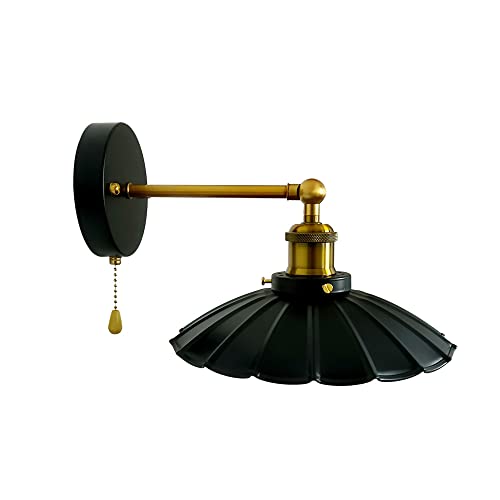Image of Industrial Black Wall Sconce Light, Vintage 1-Light Switch Farmhouse Wall Lamp, Pull Chain Wall Sconce Lighting for Bedroom Bathroom Kitchen Hallway Living Room (Black + Gold)