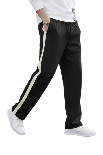 Image of Men's Cotton Blend Track Pants, Black with White Side Stripe, Drawstring Waist, Relaxed Fit Joggers
