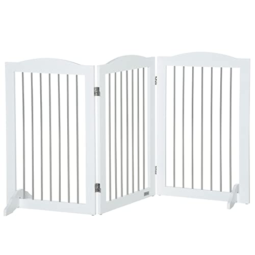 PawHut Barrera de Seguridad para Perros para Escaleras y Puertas 154x30x80 cm Valla para Perros Plegable con Soporte de Pie para Uso Interiores Blanco