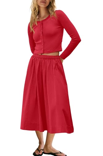 Image of Panadila Womens 2 Piece Lounge Sets Matching Vacation Outfits Ribbed Button Down Cardigan and Elastic Waist Skirt Sets