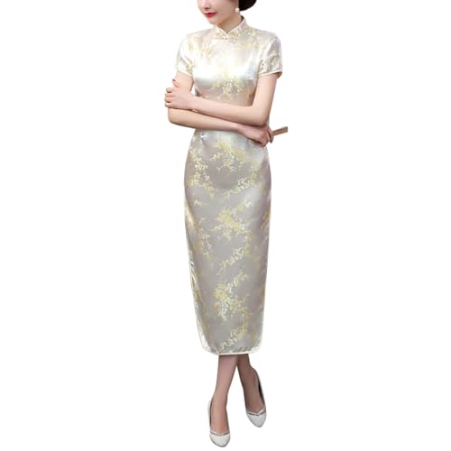 Generic Vintage Short Sleeve Maxi Cheongsam Print High Slit Side Traditional Chinese New Year Party Bodycon Costume (Plum Yellow, L)