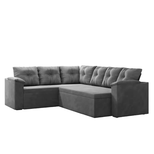 Sofá de Canto Retrátil 5 Lugares Veludo Cinza com Molas no Assento Selmer