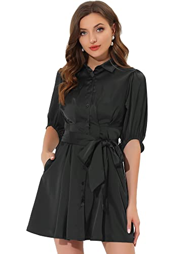 Allegra K Women's Elegant Half Sleeve Solid Pleated Waist Belted Button Down Shirt Dress Black 8