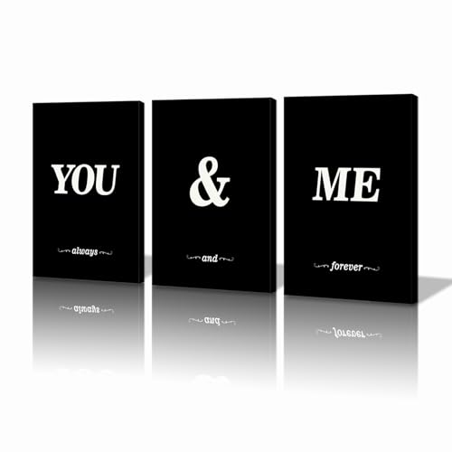 KAWAHONE 3 Pieces Black White You and Me Word Canvas Poster,Modern Lover Style Wall Art for Living Room Bedroom Home Decor