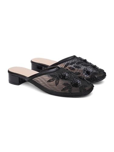 Image of TRYME Embellished Block Heel Mules for Women | Elegant Slip On Dress Sandals | Comfortable Fashion Heels for Casual, Wedding & Evening Occasions