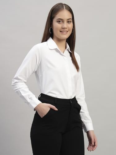 Image of Women Regular Fit Solid Spread Collar Full Sleeve Solid Cotton White Formal Shirt
