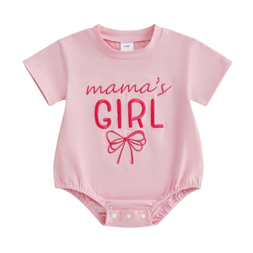 Image of FYBITBO Newborn Baby Girl Outfit Mamas Girl Onesie Romper Bow Embroidery Short Sleeve T Shirt Bodysuit Cute Summer Clothes