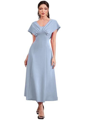 Image of Shasmi Women's & Girl's Solid A-Line Maxi Dress | V-Neck Pleated Bodice | Cap Batwing Sleeves | Fit & Flare Evening Gown (Dress 274)