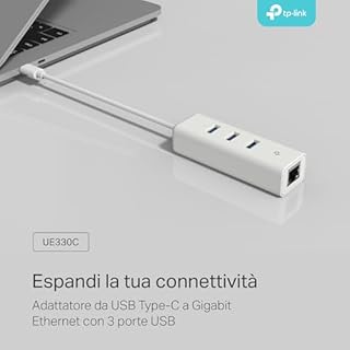 TP-Link Adattatore USB Ethernet UE330C USB 3.0 Type C con 3 Porte, Gigabit Ethernet, Plug & Play, Compatto e leggero, Windows 11/10/8.1/8/7, MacOS, iPadOS, Chrome OS, Linux OS, Nintendo OS
